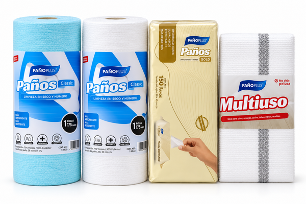 Pack Limpieza PañoPlus – 2 Rollos Classic + 1 Pack Gold + 1 Multiuso